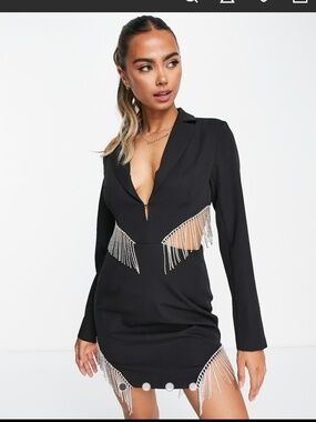 Band of Stars Black Rhinestone Fringe Blazer Mini Dress Size 4